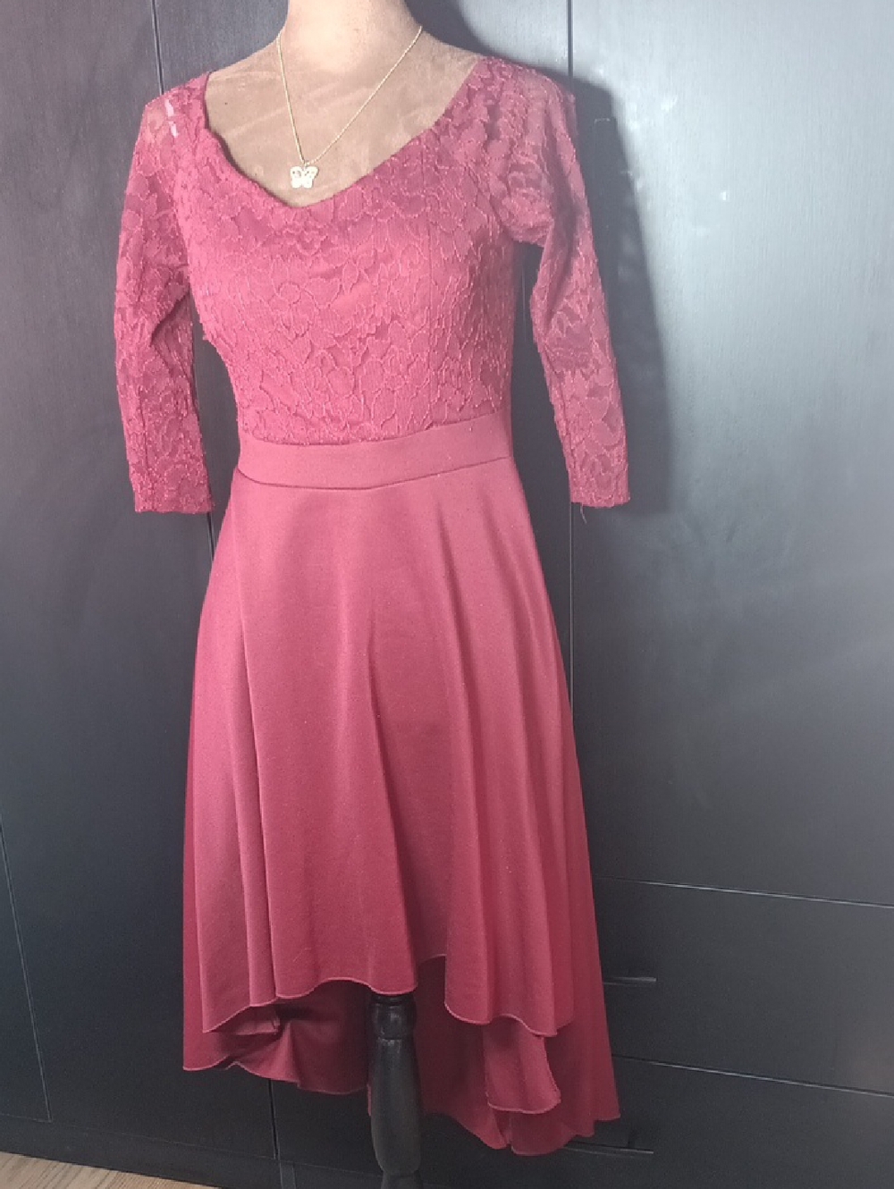 Duul-Ce Burgundy Lace High Low Dress Scalloped Hem S